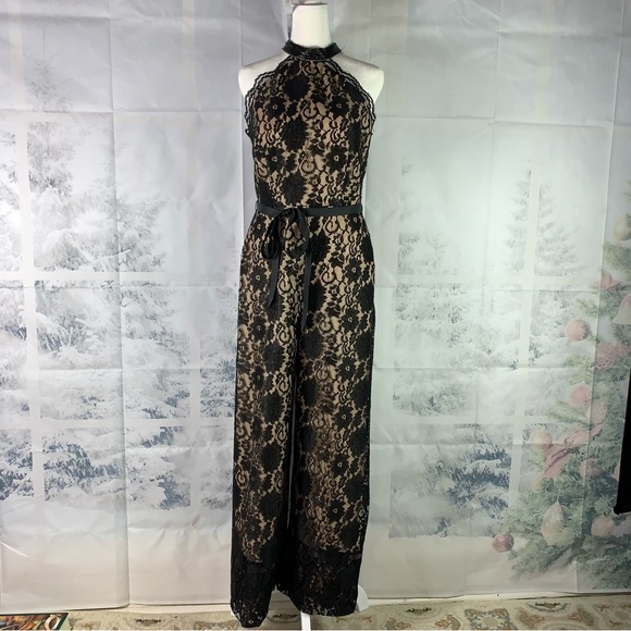 Lotus Threads Black Embellished Floral Lace High Halter Neck Formal Jumpsuit - Picture 2 of 16